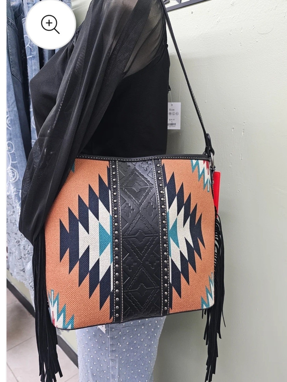 MontanaWest  Fringe Tote Bag - Black and Tan Tribal